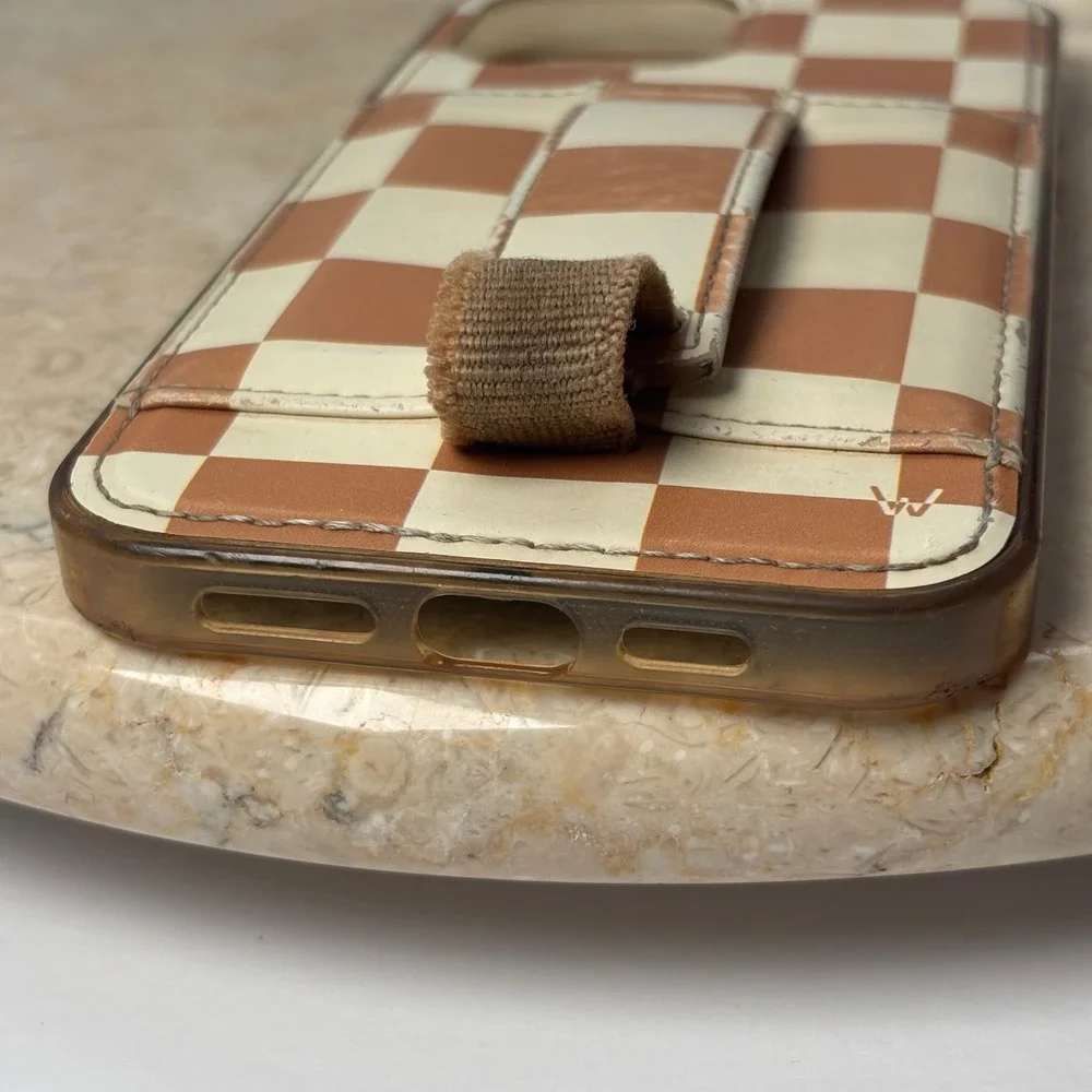 Walli iPhone‎ 12 Pro Max Case Tan Cream Checkered Strap Card Slot